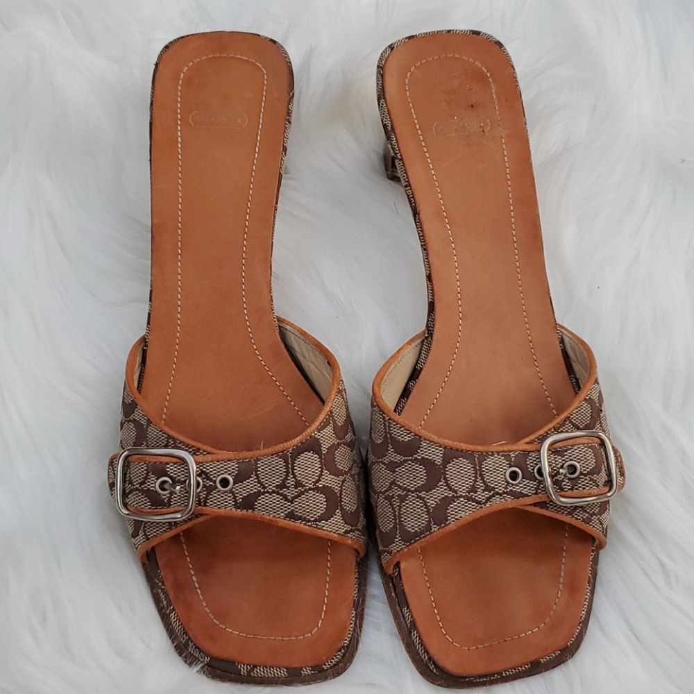 Coach square open toe heels jacquard